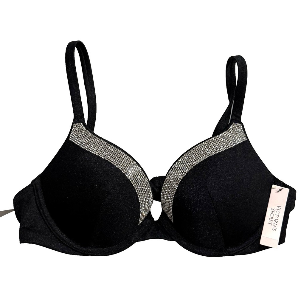 Victoria's Secret Swim 32B Very Sexy Shine Trim Push-Up Bikini Top Black